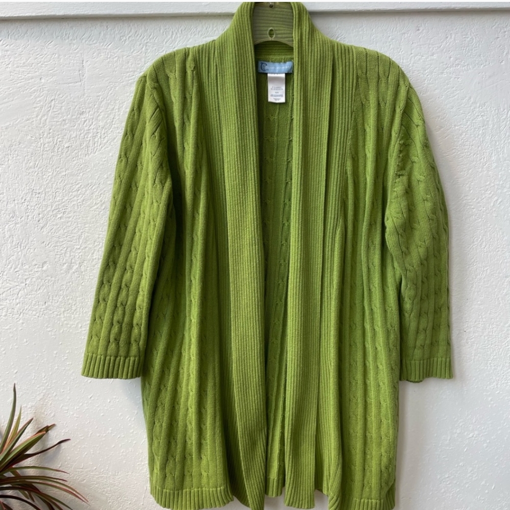Classic Elements Open Cardigan Green Cable Knit Women's Sweater